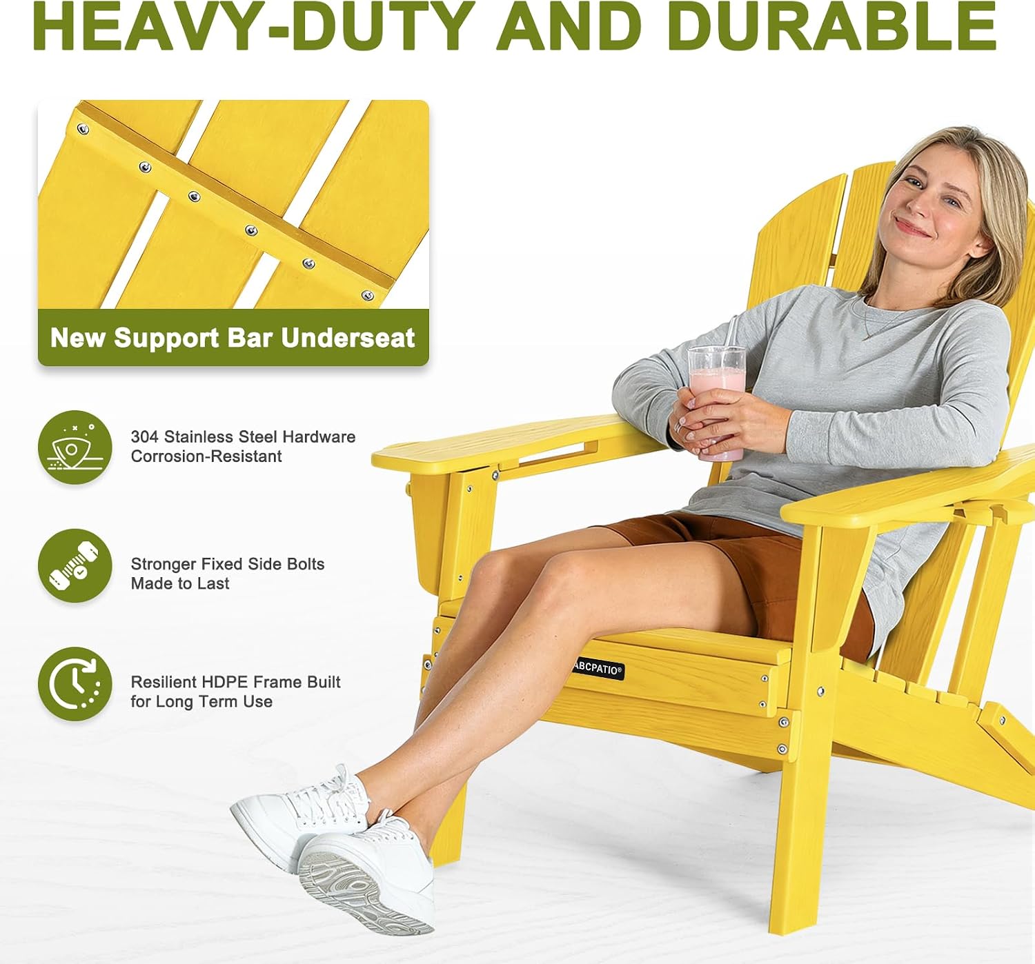 Folding Adirondack Chair with Dual Cup Holders, All-Weather HDPE Patio Chair Deck Chairs Outdoor, Fire Pit Chairs for Garden, Lawn,Backyard, Pool, Yellow (Wood Grain Finish)