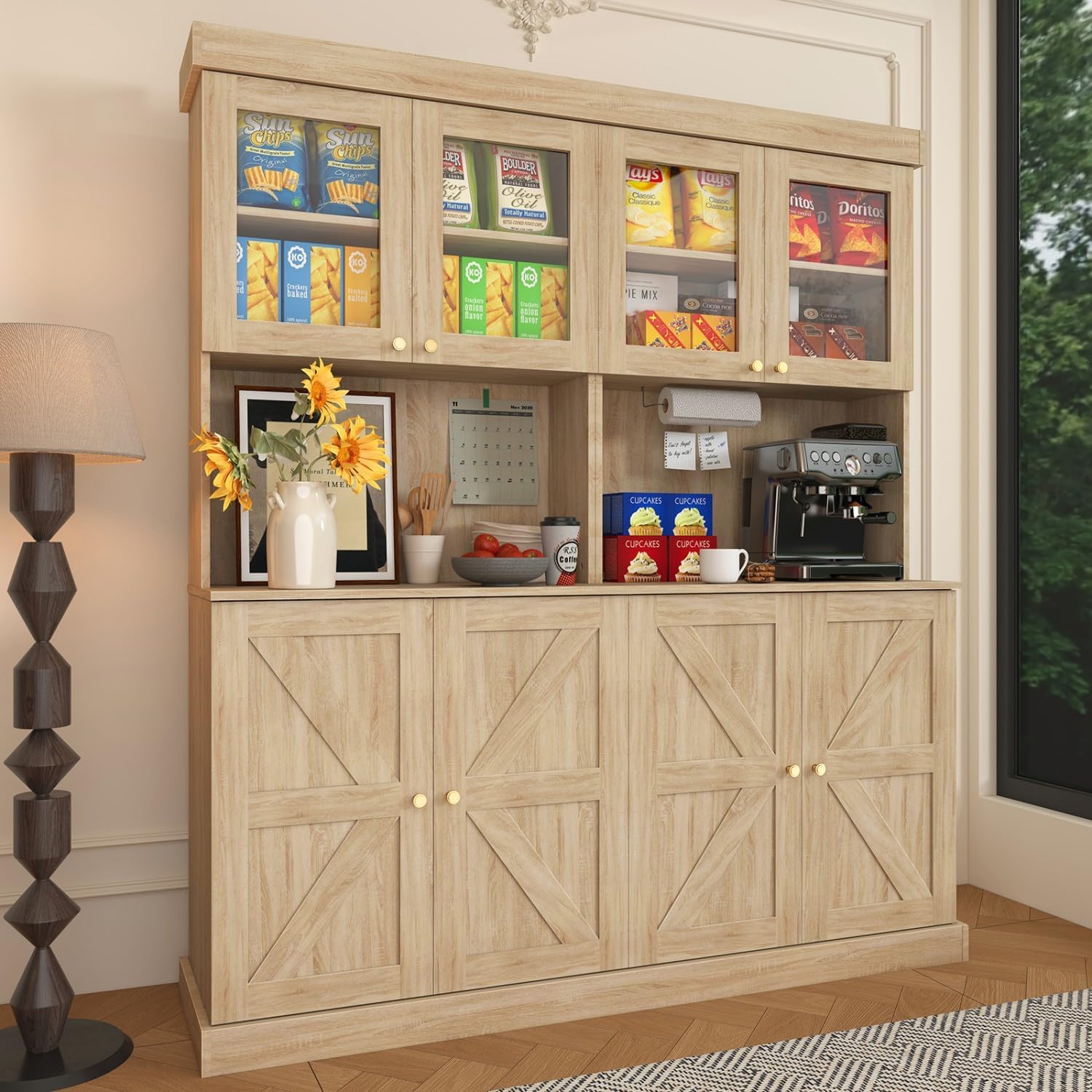 ivaniti 71" Tall Farmhouse Kitchen Pantry, Large Storage Cabinet with Glass Doors, Freestanding Coffee Bar Hutch with Microwave Stand, Adjustable Shelves for Kitchen, Living Room, Brown 4 Pcs