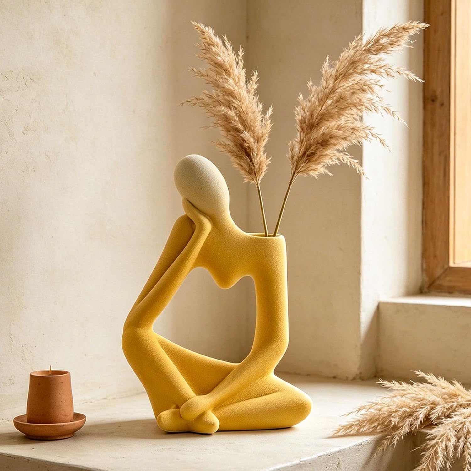 Arawat Ceramic Thinker Vase Yellow Flower Vase for Home Decor Modern Cute Boho Vases for Table Room Decor Unique Aesthetic Ceramic Decorative Vases for Centerpieces Birthday Gifts for Women Men