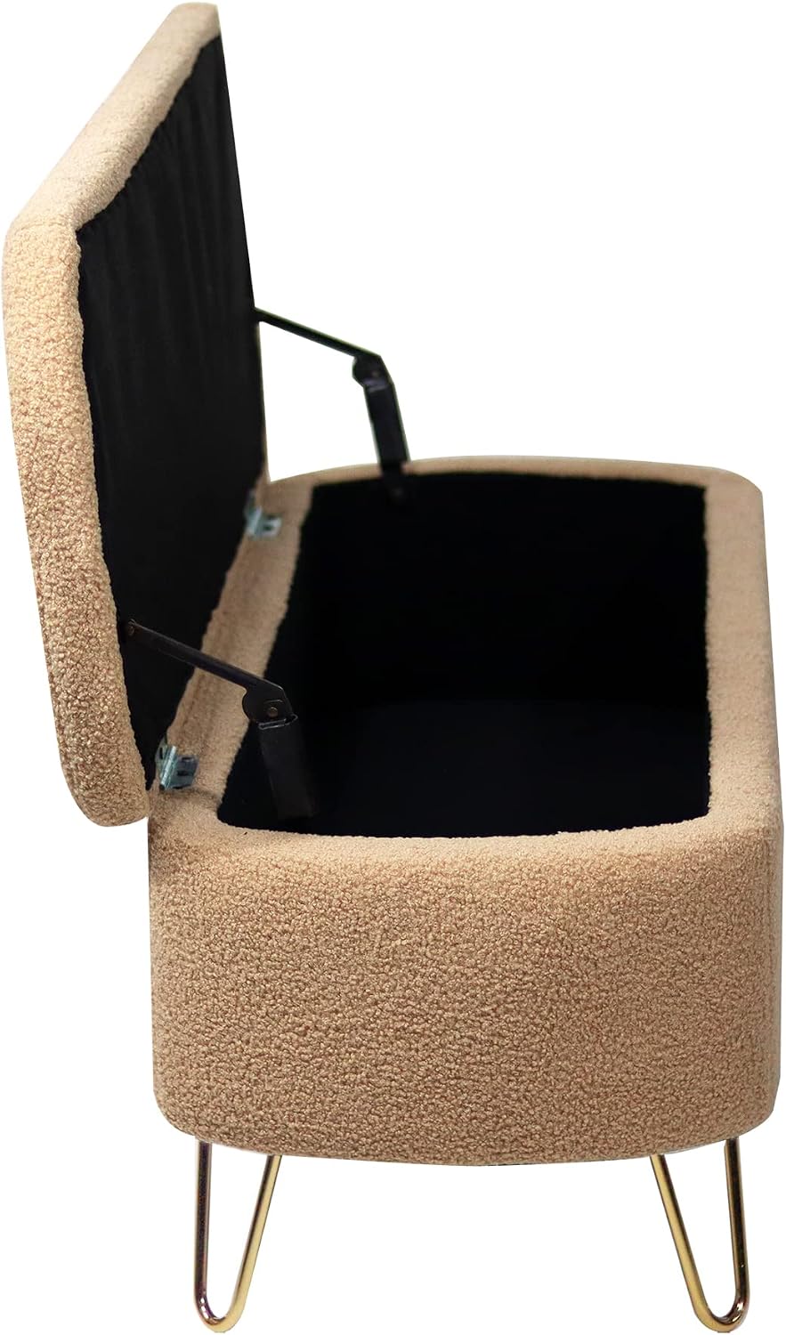 Storage Ottoman Bench for End of Bed Gold Legs, Modern Faux Fur Entryway Bench Upholstered Padded with Storage for Living Room Bedroom (Camel)