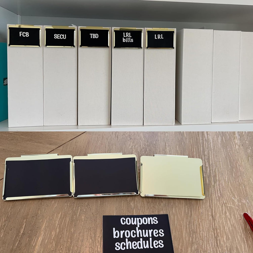 Clip Label Holders,Gold Bin Clips for Kitchen Pantry Organization Holiday Christmas Happy New Year,10 Pcs Clip Holders with 60 Pcs Chalkboard Stickers