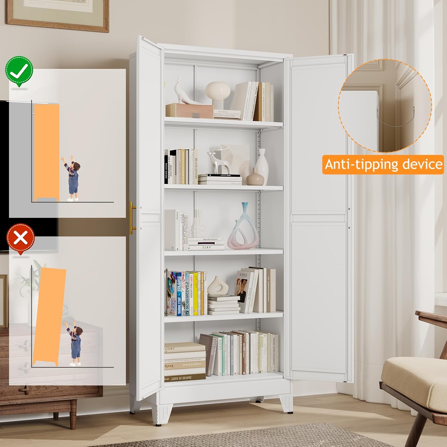 71" Tall Metal Pantry Storage Cabinet with Doors and 4 Adjustable Shelves, Freestanding White Cupboard for Kitchen, Dining Room or Living Room