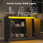 Furnify High Gloss Buffet Cabinet with LED Lights, Modern Sideboard Coffee Bar with 3 Doors & Charging Station, Handless Modern Sideboard Storage Cabinet for Living Room, Entryway, Grey