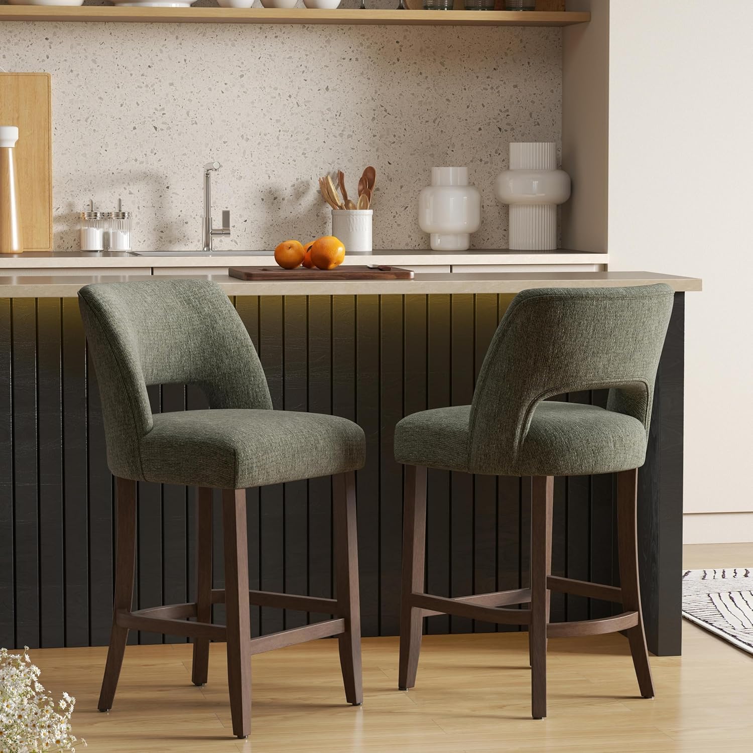 VKNOW Bar Stools Set of 2, 26" Fabric Counter Height Bar Stools, Green | Modern Upholstered Counter Stools with Rubberwood Legs for Kitchen Island Dining Room Bar