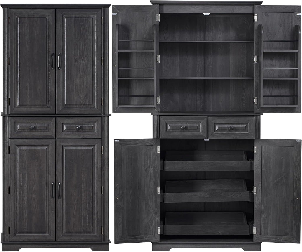 Ball & Cast 71" Tall Kitchen Pantry Cabinet W/3 Pull Out Organizers,Farmhouse Embossed Texture Storage Cabinet W/6 Door Shelves & 2 Drawers,Freestanding Cupboard for Kitchen,Dining Room,Black