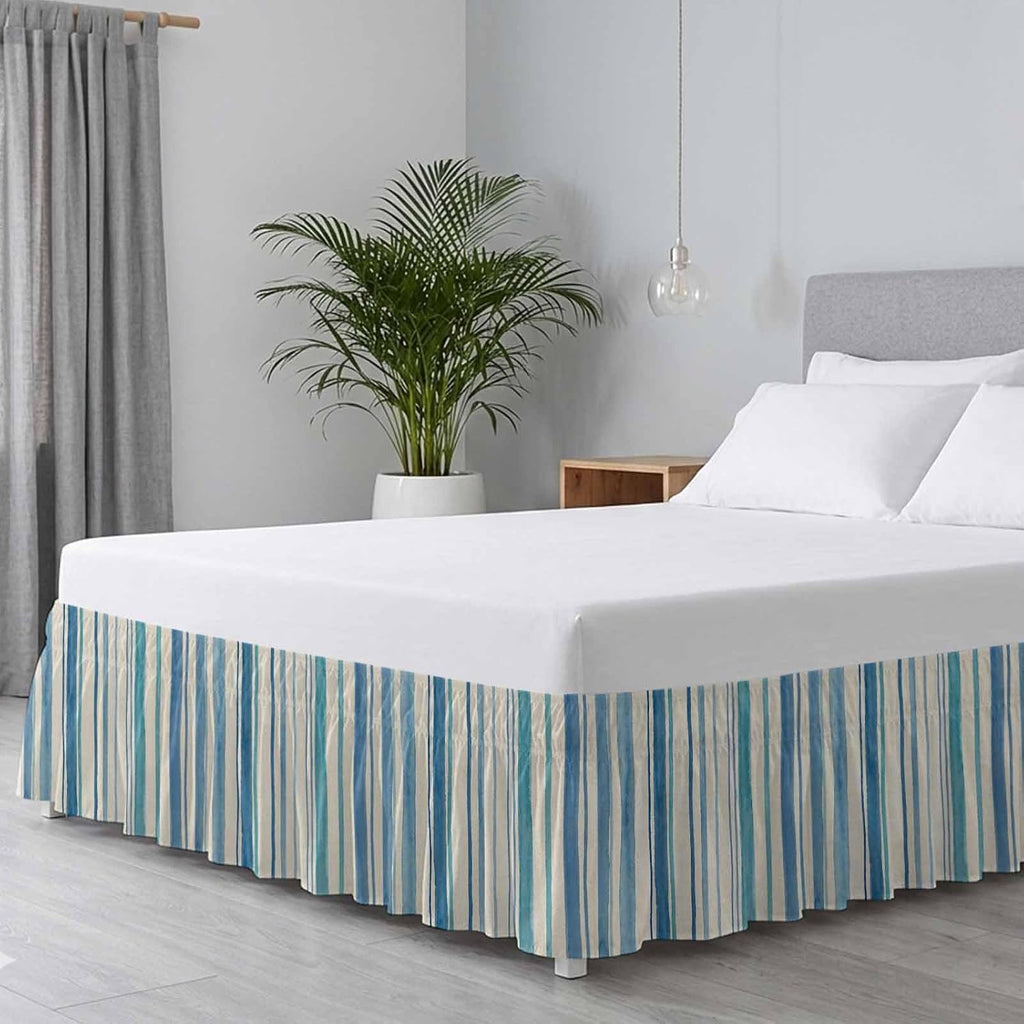 Vintage Blue Teal Striped Bed Skirt Queen Size 16 Inch Drop, Wrap Around Bed Skirts, Farmhouse Stripes Retro Art Elastic Bedskirt Pleated Bed Frame Cover Luxurious Dust Ruffle for Queen Bed