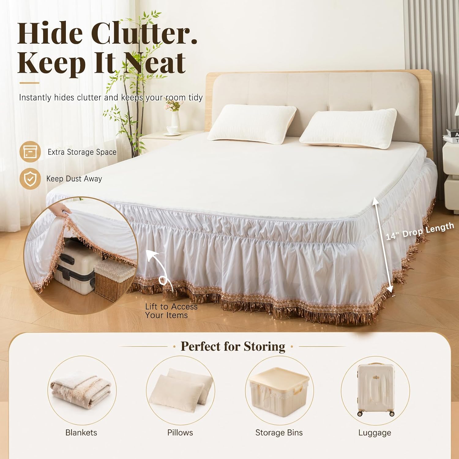 Wrap Around Ruffle Bed Skirt, Queen Size Beds Skirts, Bedskirt Elastic Dust Ruffled with Adjustable Belts, Tassel and Embroidered Bed Frame Cover (Tassel, 59"×79")