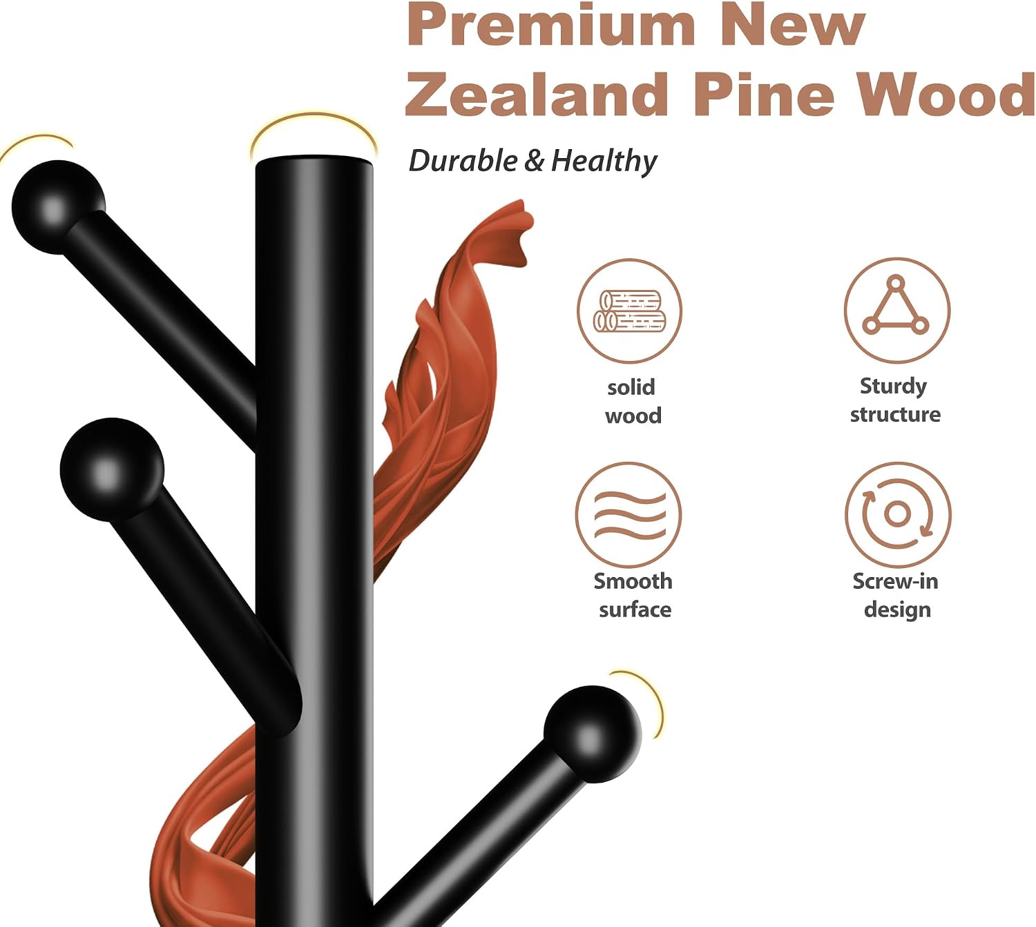 Coat Rack, Coat Racks Freestanding with 8 Hooks 3 Adjustable Heights for Clothes, Hats, Handbags, Coat Tree Easy Assembly for Entryway, Bedroom, Hallway, Office(Black)
