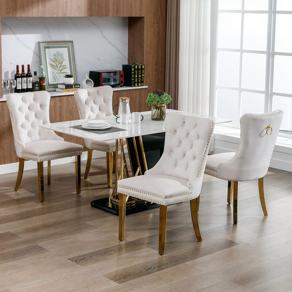 Modern Velvet Upholstered Dining Chairs Set of 2, Mid-Century Tufted Back Kitchen Chairs with Ring Pull & Gold Metal Legs, Beige Accent Side Chair for Living Room, Sillas de Comedor, (Ivory, 2 Pcs)