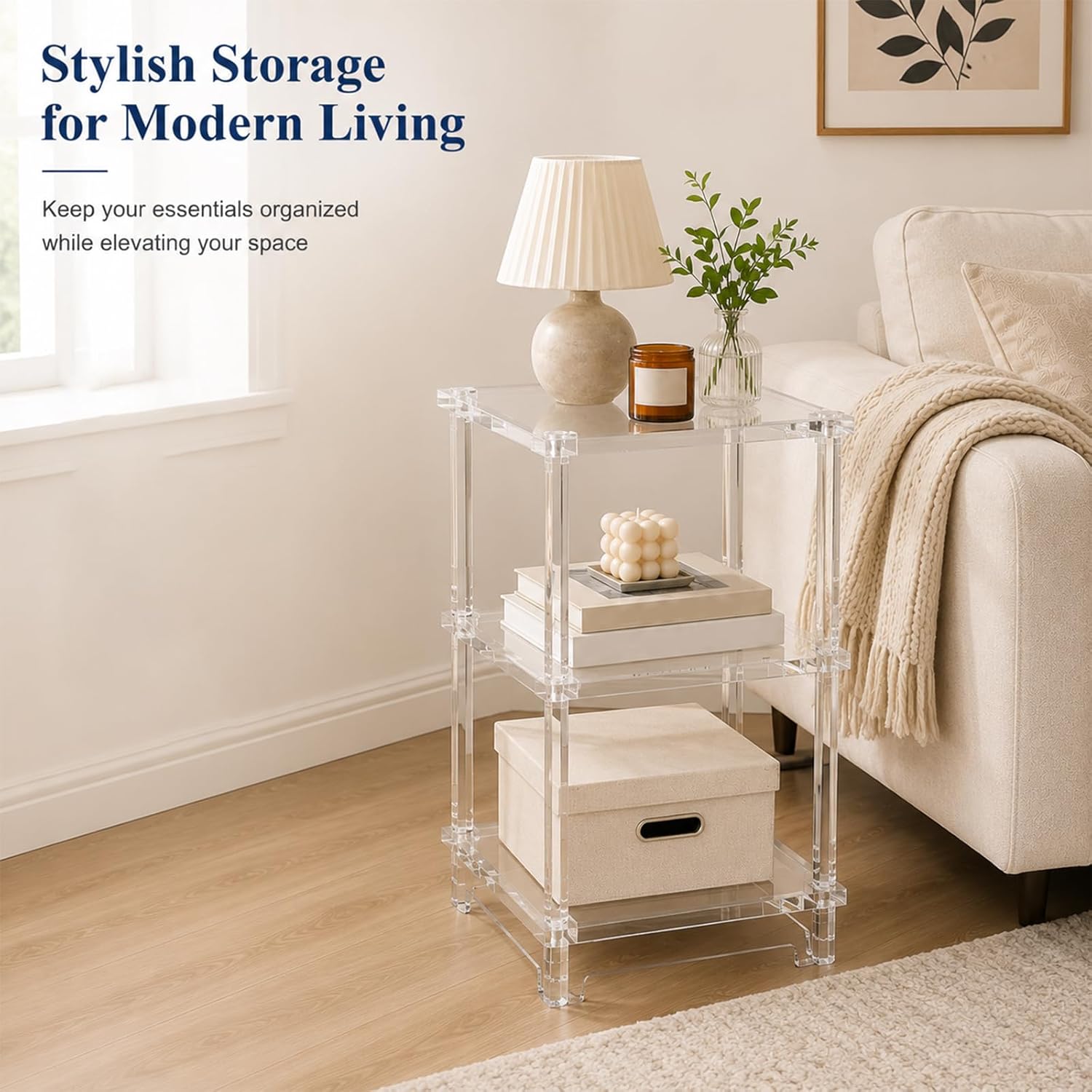 Thick Acrylic Side Shelf Table, 3-Tier Narrow Clear Acrylic End Table Nightstand, Square Transparent Small Coffee Table for Living Room Bedroom Small Space