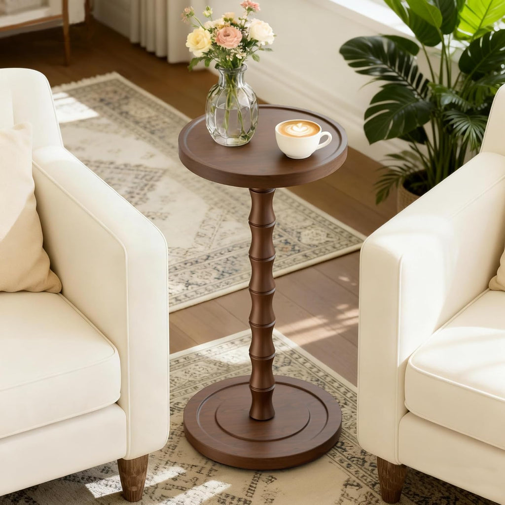 Small Round Side Table, Rubber Wood‌ End Table for Small Spaces, Modern Accent Tables, Solid Wood Drink Tables for Living Room, Bathroom, Bedroom, Couch (Dark Walnut, 11.8 inch)