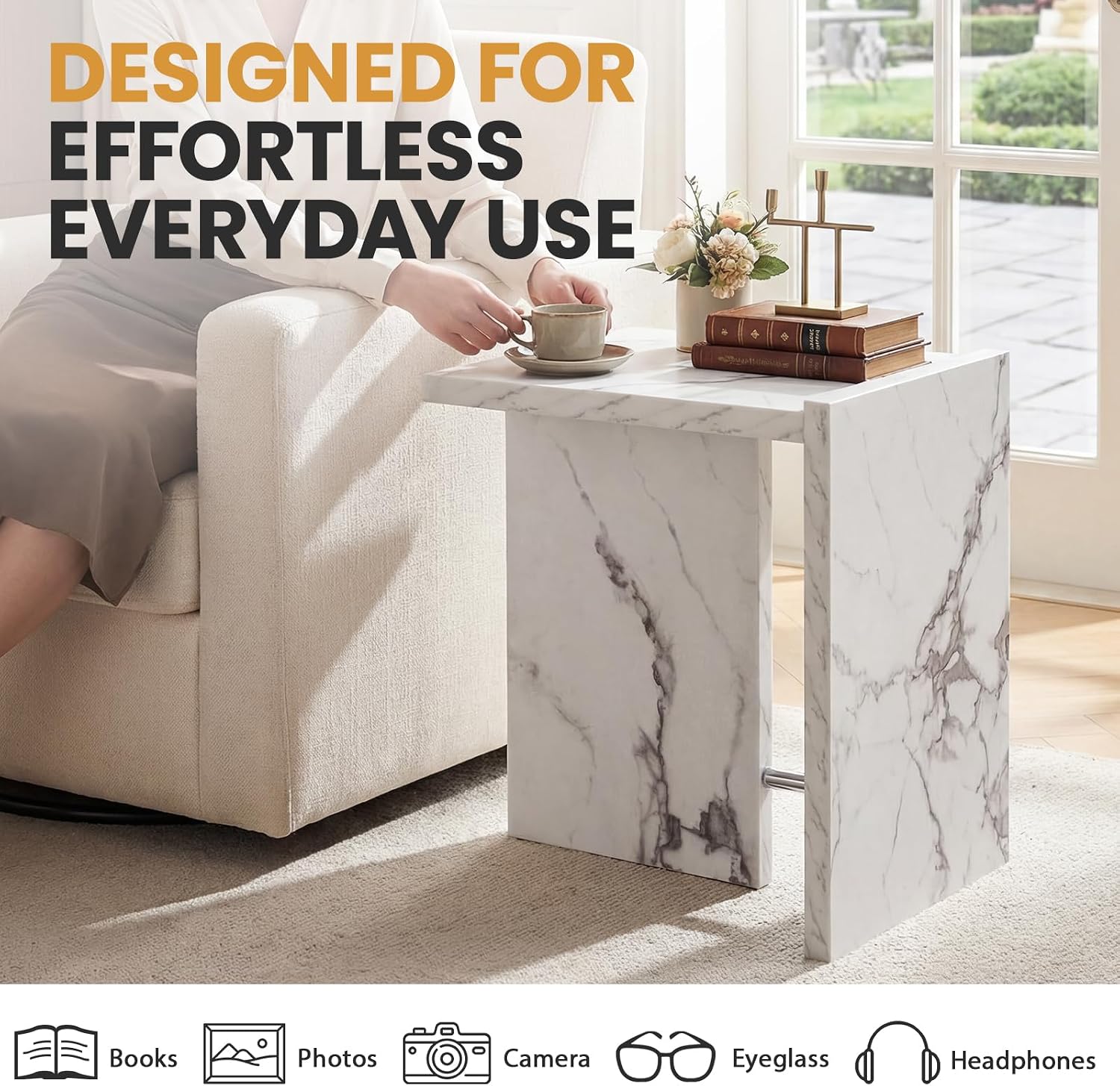 Modern End Table with Faux Marble Finish, White Marble Vein Side Table, Space Saving Sofa Accent Table, Small Nightstand Table for Living Room, Bedroom, Small Apartment