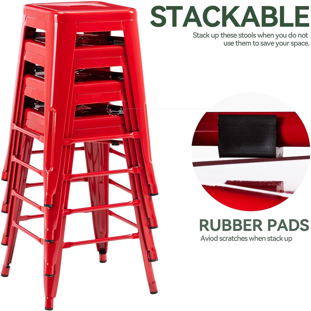 24 Inch Metal Bar Stools,Counter Height Bar Chair,Indoor Outdoor Backless Kitchen Stools Set of 4,Red