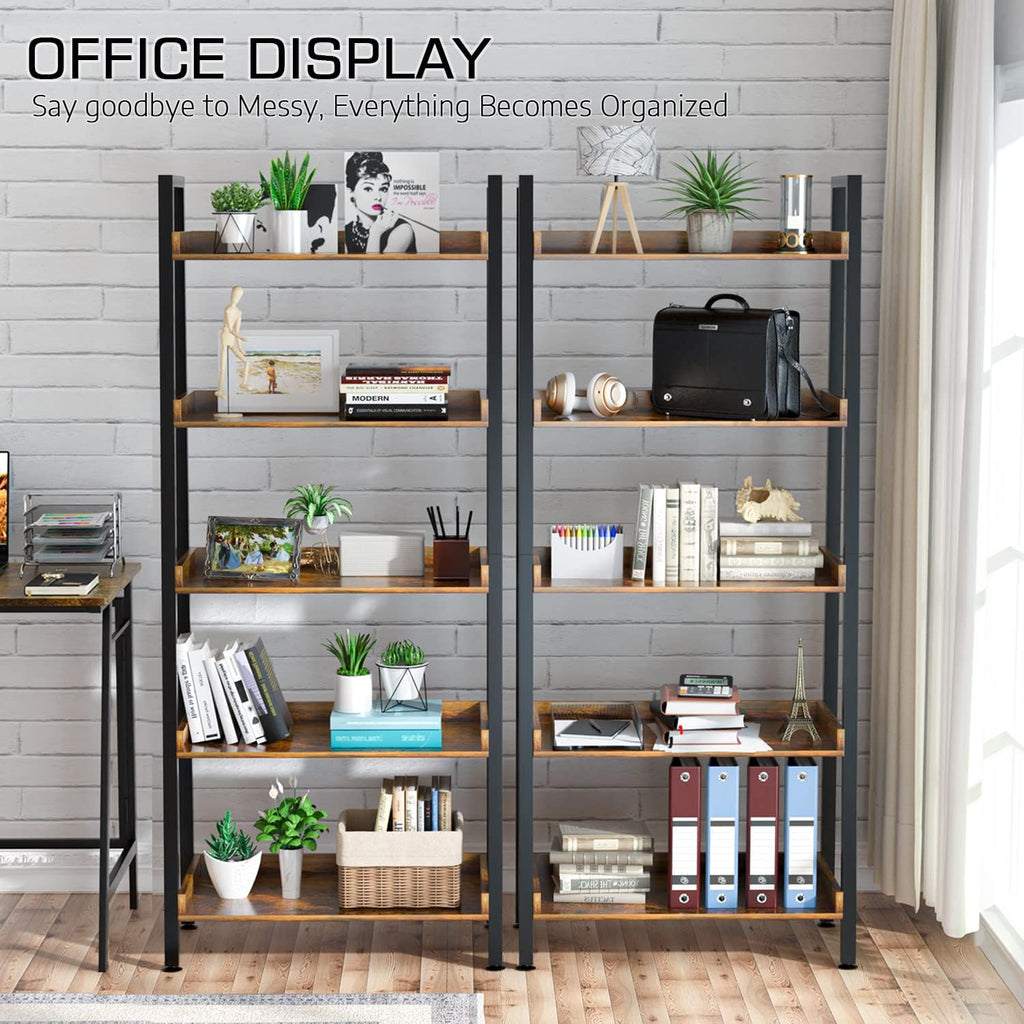 ASTARTH 5-Tier Ladder Shelf, 67" Tall Open Wooden Bookshelf with Metal Frame for Living Room, Rustic Brown