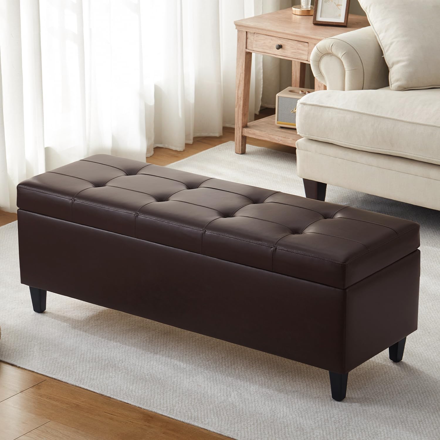 50.5 Inch Storage Ottoman Bench, Faux Leather Tufted Upholstered Bedroom Bench with Safety Hinges, Supports 300 lbs, Large Storage Bench for Living Room, Entryway (Brown)