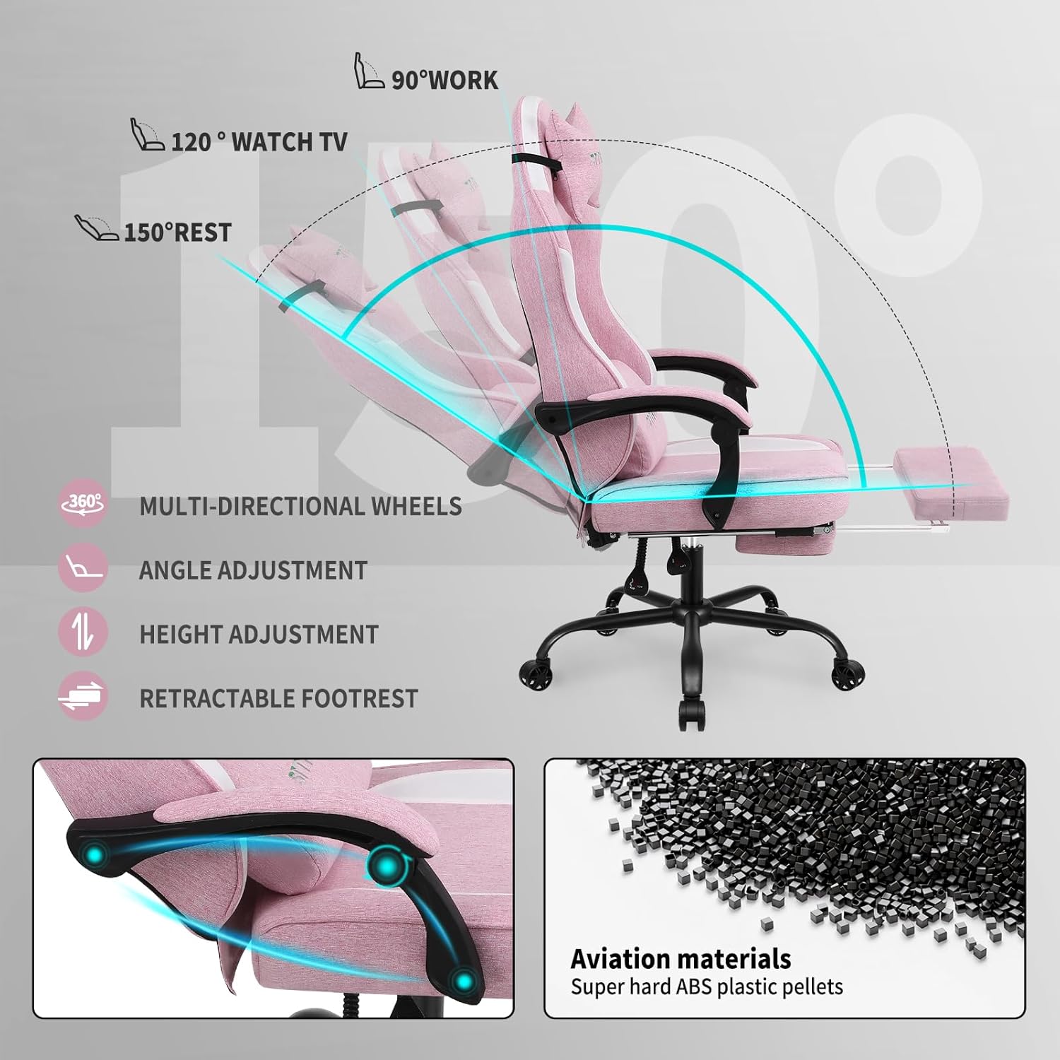 Gaming Chair, Video Gaming Chairs for Adults, Fabric Comfortable Computer Chair with Footrest, Pocket Spring Cushion, High Back Ergonomic Gamer Chair with 360° Swivel Seat for Office (Pink)