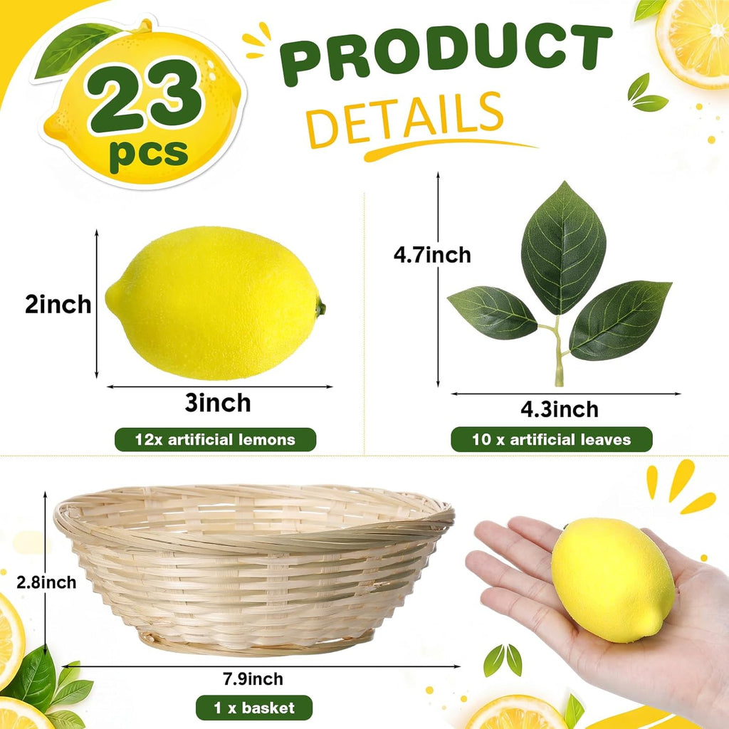 Wavwavw 12 Pcs Fake Lemon Limes Artificial Fruits Faux Lemon Limes 3" x 2" Mix Set with 10 Leaves and 1 Woven Basket Lifelike Fake Fruits Decor for Kitchen Party Table Photo Prop (Yellow)