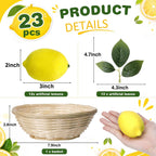 Wavwavw 12 Pcs Fake Lemon Limes Artificial Fruits Faux Lemon Limes 3" x 2" Mix Set with 10 Leaves and 1 Woven Basket Lifelike Fake Fruits Decor for Kitchen Party Table Photo Prop (Yellow)