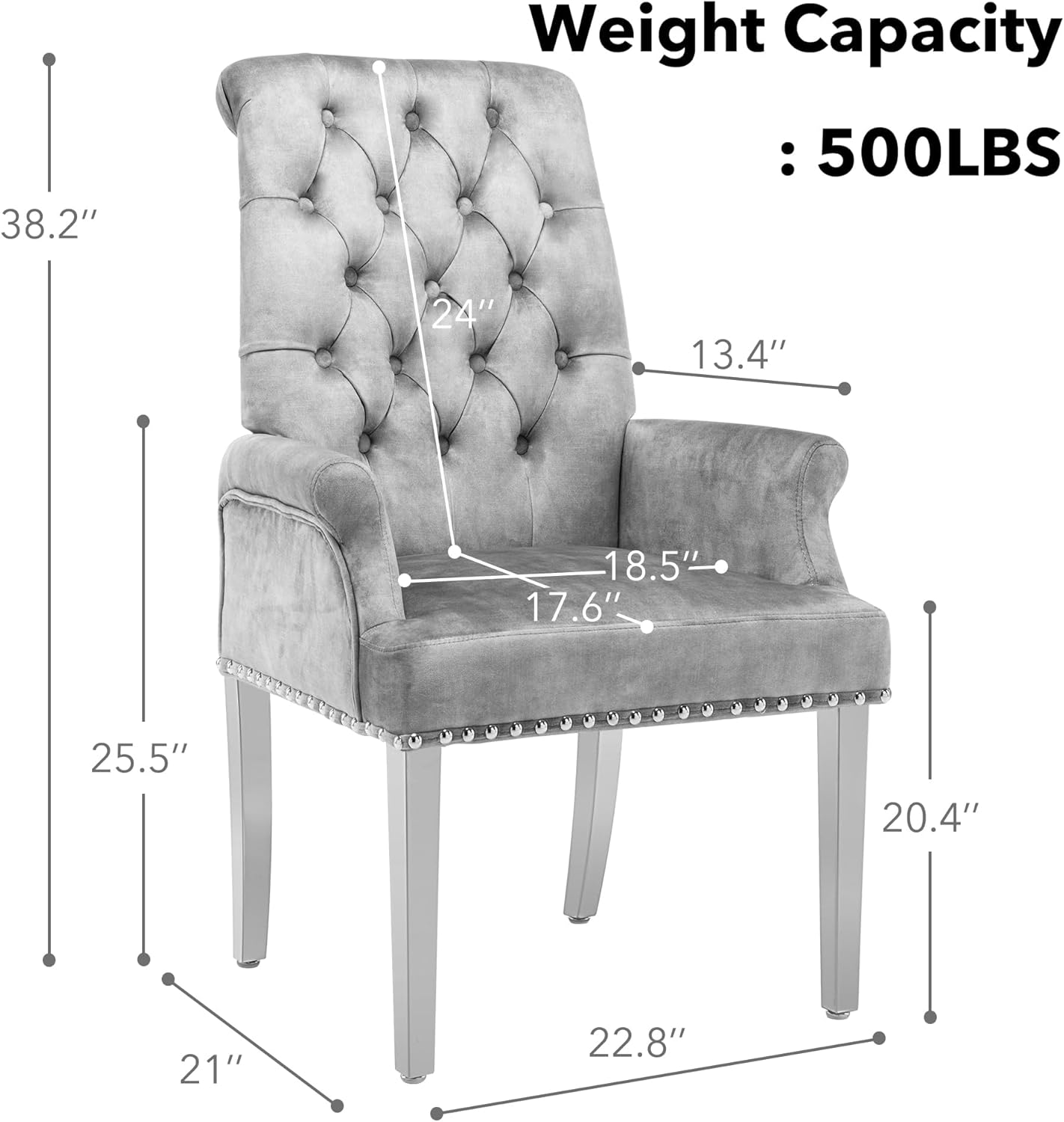 LOULENS Luxurious Velvet Dining Chairs, Modern Upholstered Dining Chair with Arms, Tufted High Back Dining Room Chairs with Stainless Steel Leg for Kitchen & Dining Room, Grey