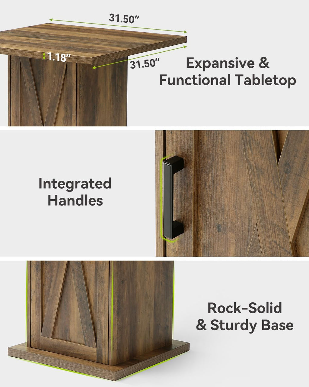 LITTLE TREE Bar Table with Storage Cabinet, 39.4" H Square High Top Pub Table, Wood Bistro Cocktail Table, Farmhouse Design with 3-Tier Cabinet for Pub, Bistro, Bar, Coffee, Dining Rustic Brown