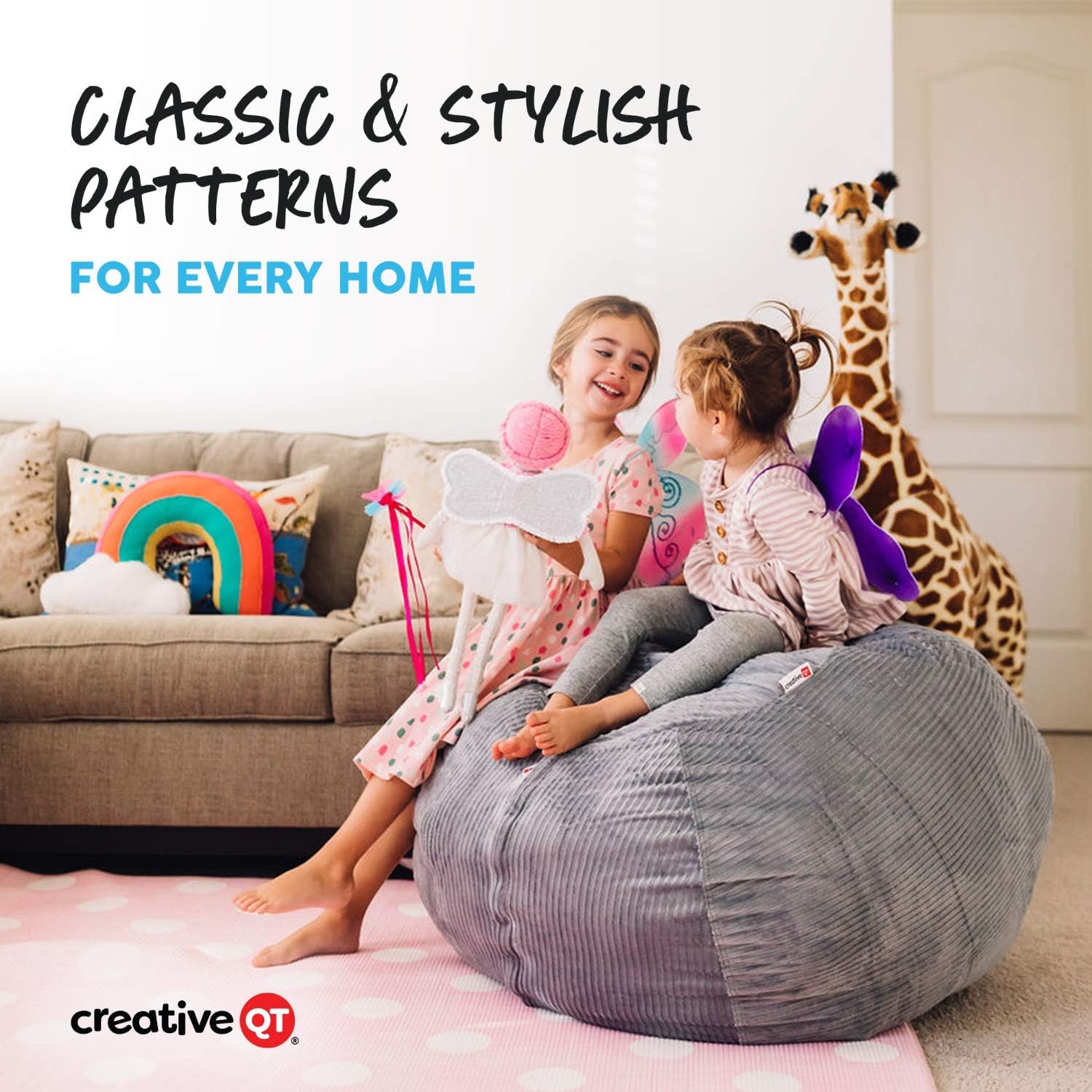 Creative QT Bean Bag Chair Cover - Large 33-Inch, Navy Polka Dot - Stuffed Animal Storage & Toy Storage Organizer for Kids - Machine-Washable Cotton Cover