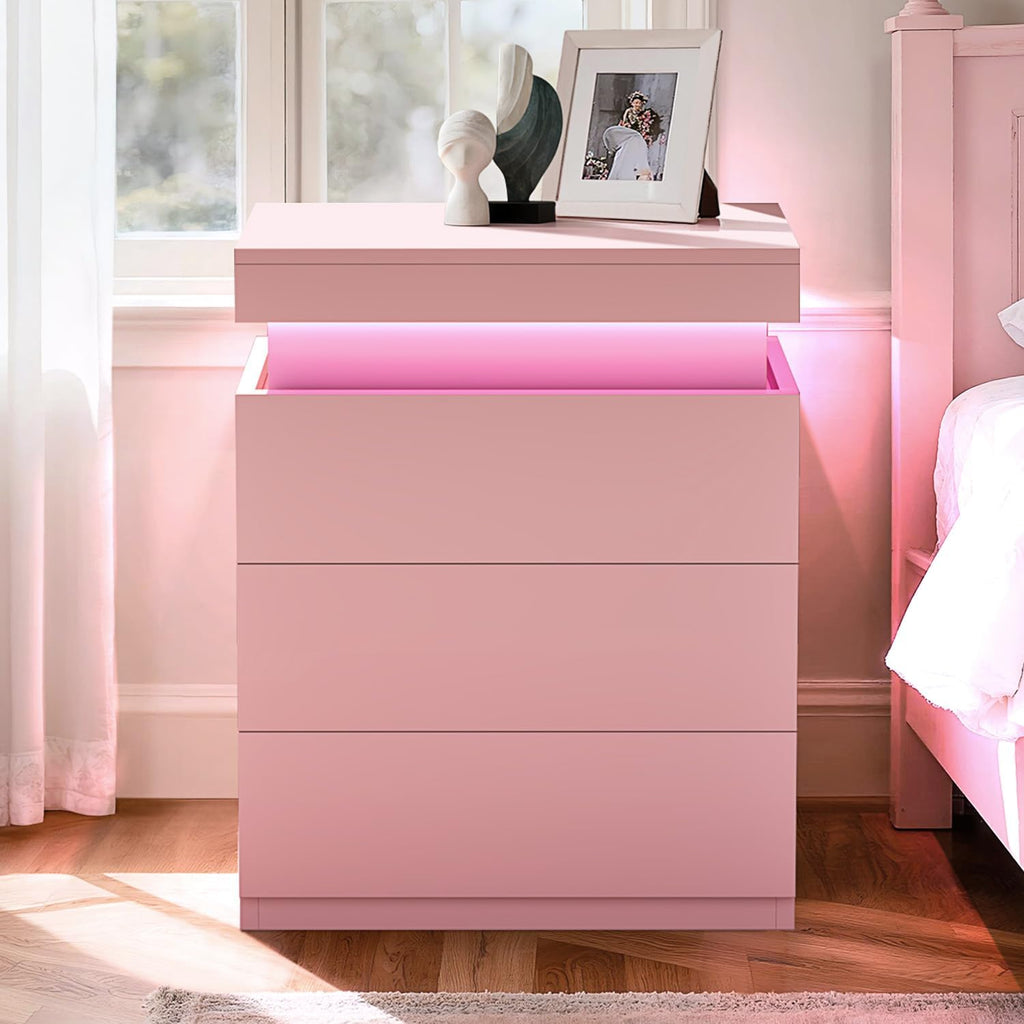 ADORNEVE Pink Nightstand with Charging Station and LED Lights | Night Stand with Sliding Top,Bedside Table with Drawers,Modern End Side Table for Bedroom