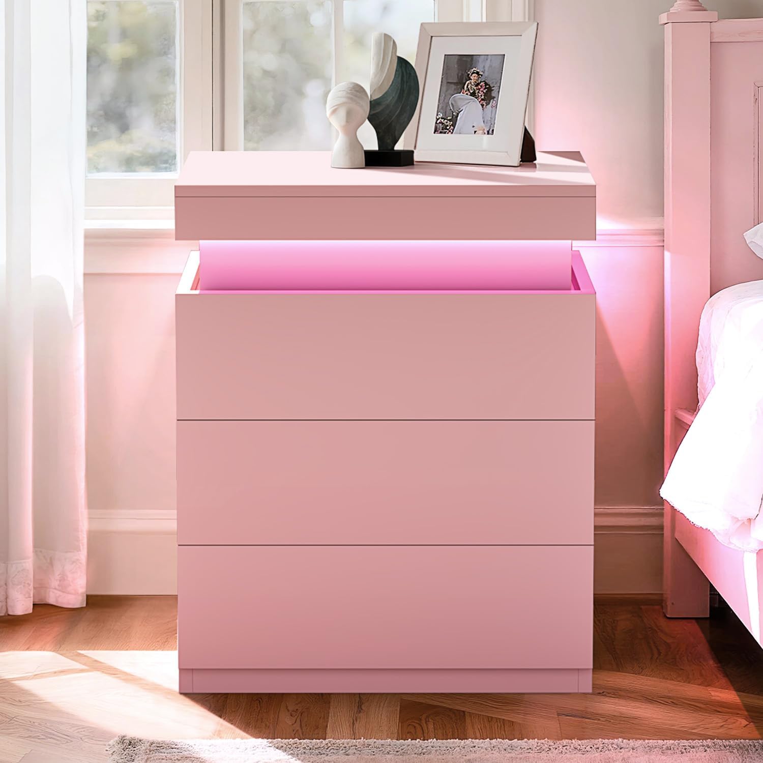 ADORNEVE Pink Nightstand with Charging Station and LED Lights | Night Stand with Sliding Top,Bedside Table with Drawers,Modern End Side Table for Bedroom