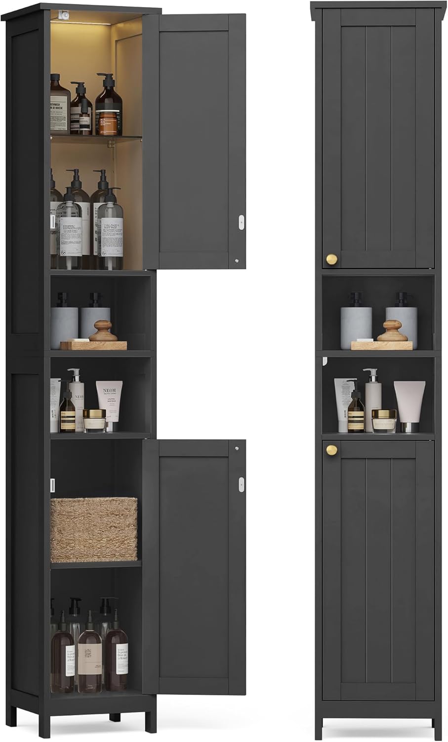 VASAGLE Tall Storage Cabinet with Lights, Slim Freestanding Cabinet with Adjustable Shelves, for Small Spaces, Bathroom, Living Room, Modern, 11.8 Inches Wide, Ink Black UBBK566BC01S