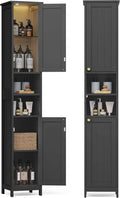VASAGLE Tall Storage Cabinet with Lights, Slim Freestanding Cabinet with Adjustable Shelves, for Small Spaces, Bathroom, Living Room, Modern, 11.8 Inches Wide, Ink Black UBBK566BC01S