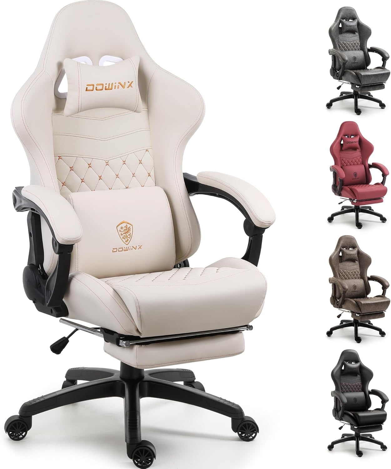 Dowinx Big & Tall Vintage Gaming Chair for Adults, 400 lb Capacity Heavy Duty Ergonomic Computer Chair with Massage Lumbar, Footrest & Easy Side Recline, Ivory Beige