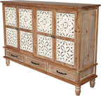 LKTART 59" French Country Vintage Sideboard Buffet Cabinet with Embossed Floral Metal Doors and Solid Wood Frame, Retro Storage Cabinet for Kitchen, Living Room,Natural Wood