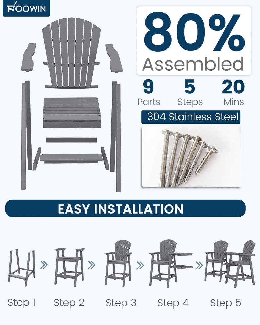 FOOWIN Tall Adirondack Chair Set of 8, All Weather HDPE Bar Height Adirondack Chair with Double Connecting Trays, Adirondack Barstools for Balcony, Deck, Backyard, Patio, Garden Grey