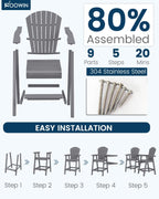 FOOWIN Tall Adirondack Chair Set of 8, All Weather HDPE Bar Height Adirondack Chair with Double Connecting Trays, Adirondack Barstools for Balcony, Deck, Backyard, Patio, Garden Grey