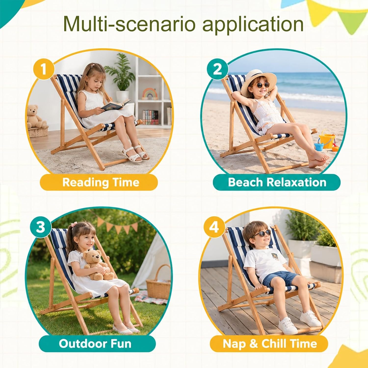 Kids Chaise Lounge Chair Outdoor, Toddler Wood Double Pool Lounger Chairs w/Removable Stripped Fabric Cushions, for Lawn, Pool, Garden, and Yard(Black)