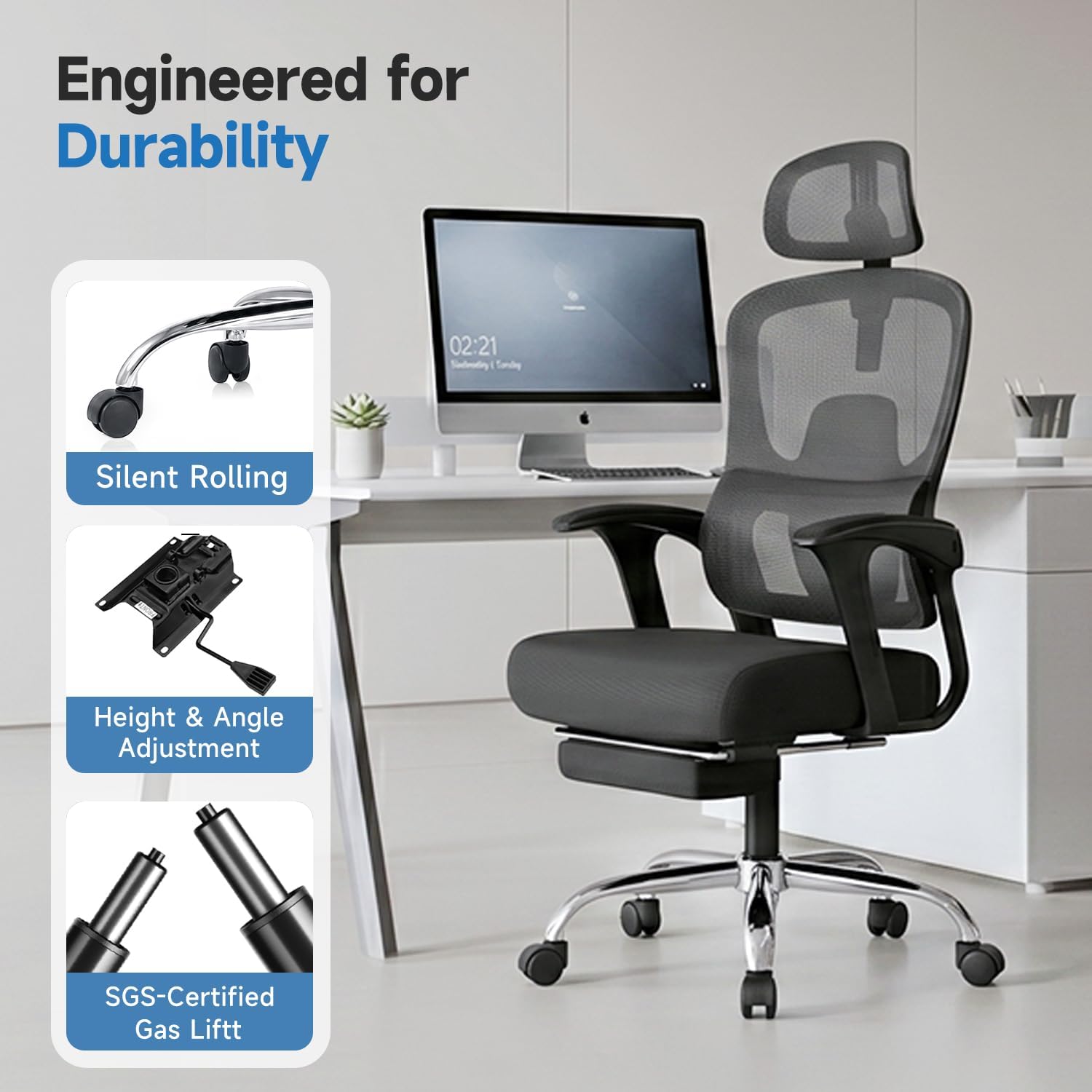 Ergonomic Office Chair with Footrest, 90-145° Reclining Gaming Chair with Adjustable Lumbar Support & Headrest, High Back Mesh Computer Chair for Home Office, 350lbs Capacity