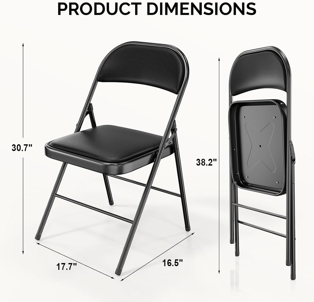 Bonnlo Folding Chair with Comfortable Padded Cushion and Back, Portable Folding Chairs for Outside, Office Events, Weddings, Pu Leather, 4 Black