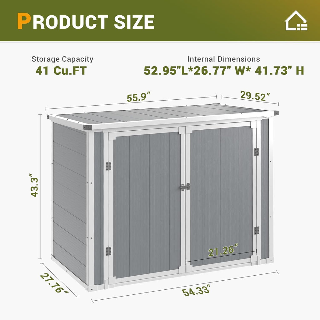 Storage Shed Outdoor Weatherproof Resin Storage Shed with Floor 41 Cu.Ft with Gas Spring, Lockable Doors for Trash Can Storage, Garden Tools, Suitable for patios, Poolside（Light Grey）