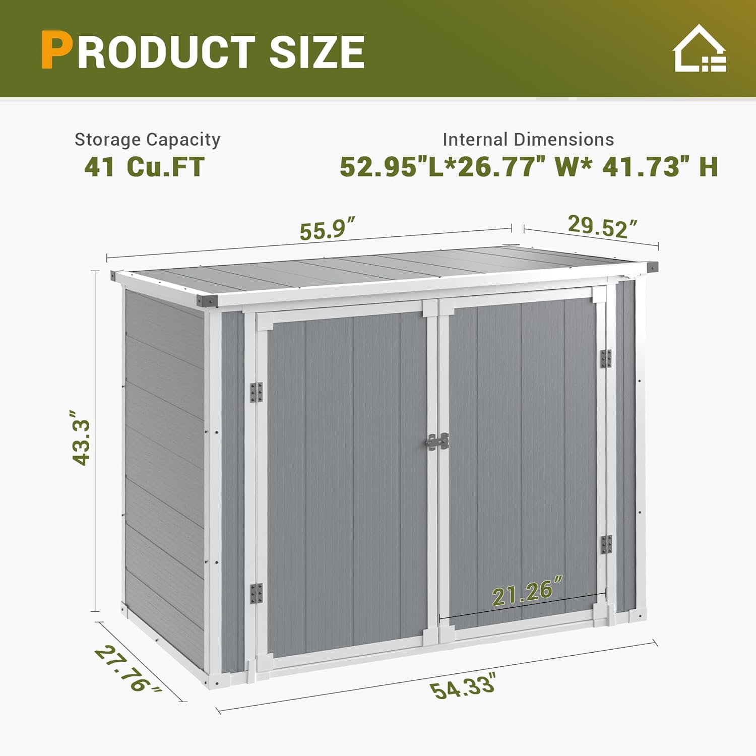 Storage Shed Outdoor Weatherproof Resin Storage Shed with Floor 41 Cu.Ft with Gas Spring, Lockable Doors for Trash Can Storage, Garden Tools, Suitable for patios, Poolside（Light Grey）