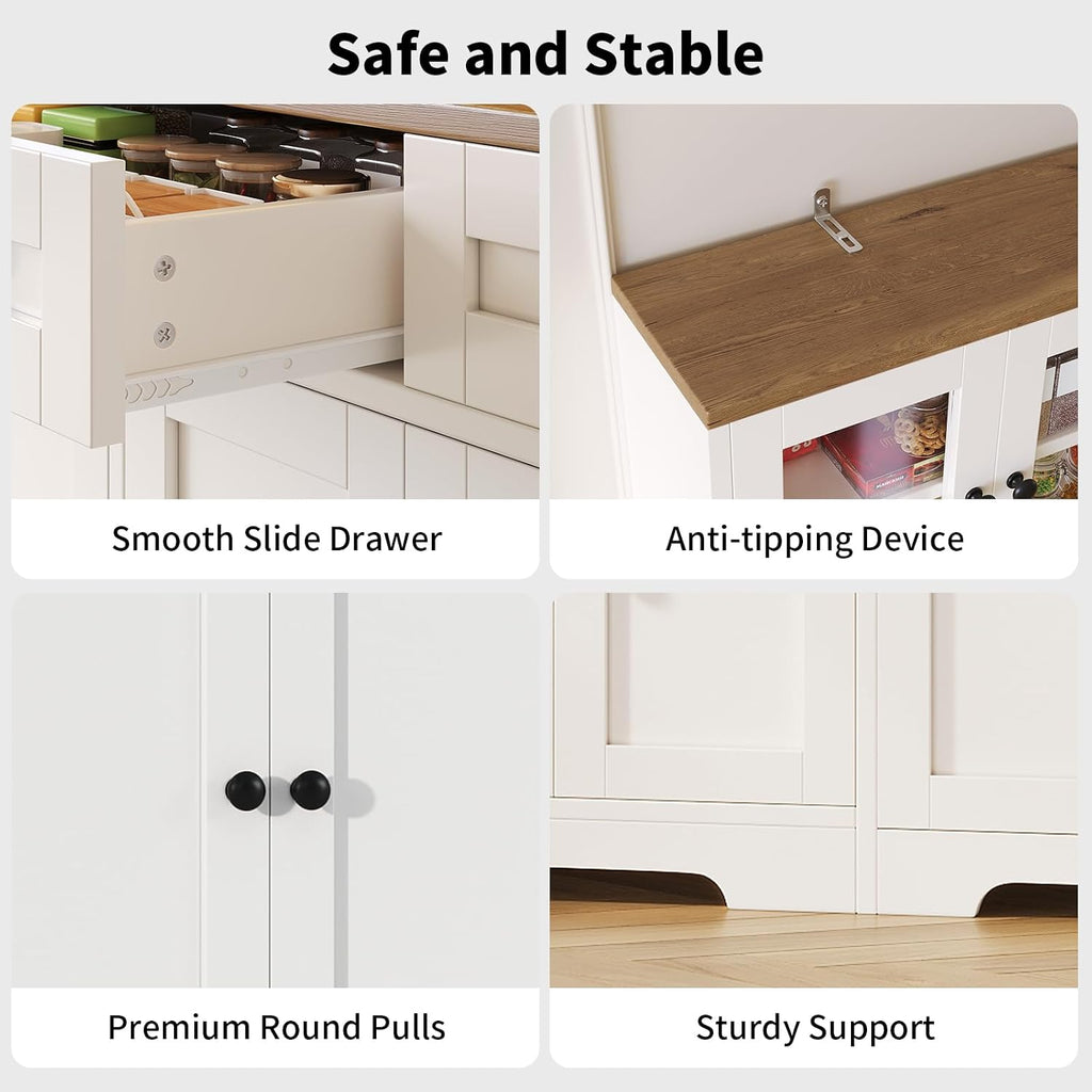 Pantry Cabinet with Glass Doors, 63" Kitchen Storage Cabinet with LED Light & Charging Station, Food Pantry Cabinet with 3 Drawers & Adjustable Shelves, Coffee Bar Cabinet for Dining Room, White