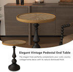 Vintage Round Pedestal End Table, 19.9" French Country Side Table with Natural Wood Top & Black Metal Base, Retro Accent Table for Living Room, Bedroom, Entryway, Small Spaces