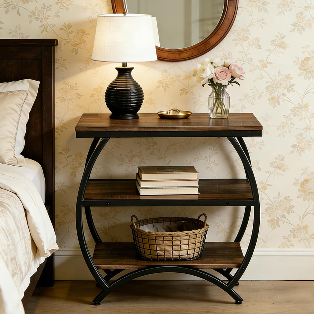 Tribesigns End Table for Living Room, Narrow Couch Side Table with 3-Tier Storage Shelves, Small Bedside Nightstand with Metal Frame, Rustic Brown