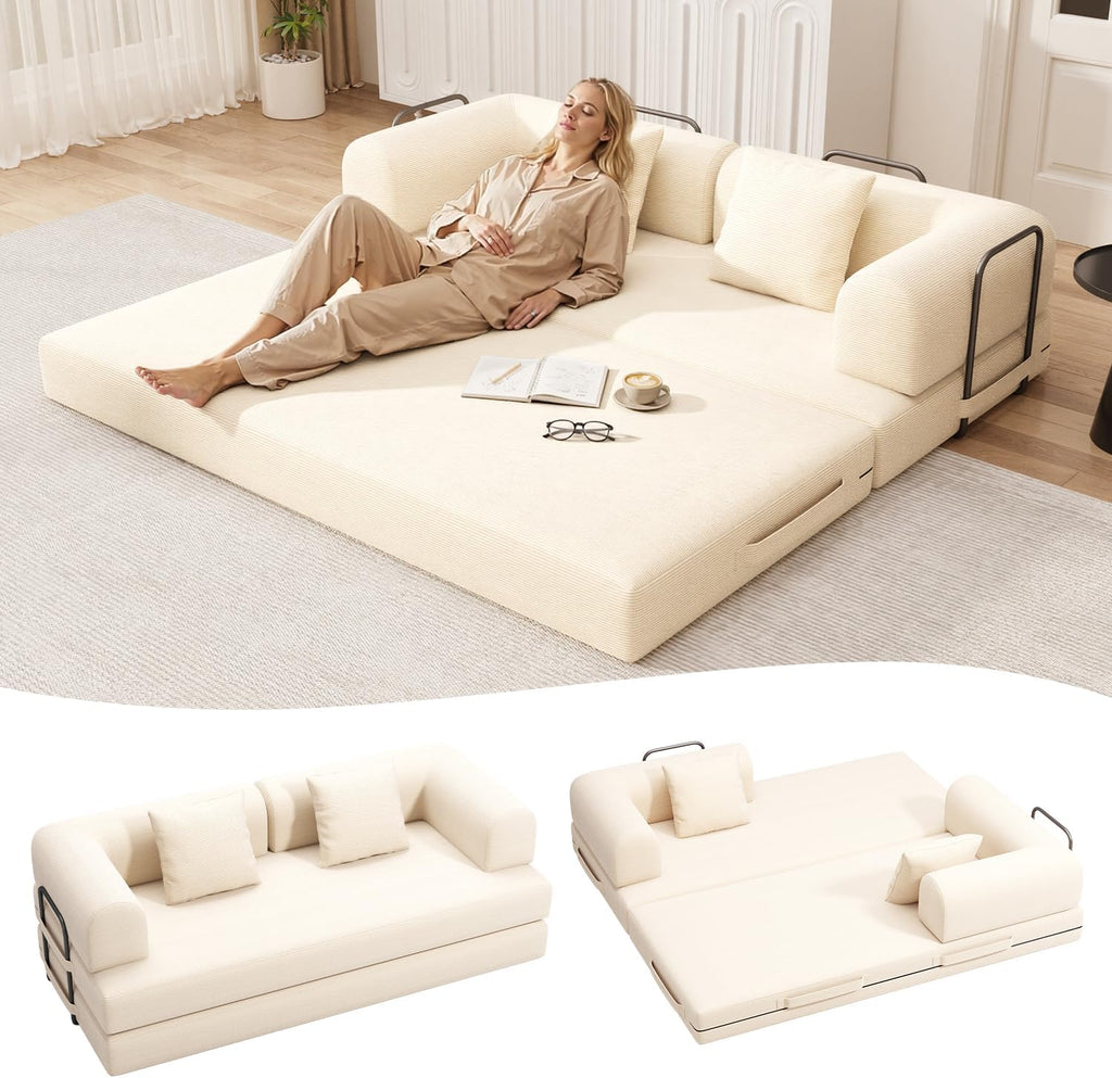 Ahomly 78.8'' Convertible Sofa Bed,5-in-1 Boneless Couch with Removable Armrests,Folding Futon Sofa Bed Includes 2 Pillows,Comfy Pull Out Couch for Living Room,No Assembly Required,Cream