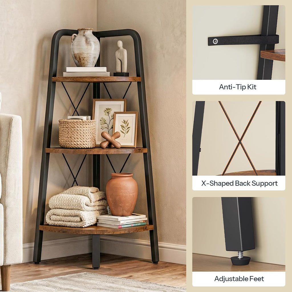 HOOBRO Corner Shelf, 3-Tier Corner Shelf Stand, 40” Tall Ladder Bookshelf, Industrial Corner Display Shelf Plant Stand for Living Room, Kitchen, Home Office, Rustic Brown BF143CJ01