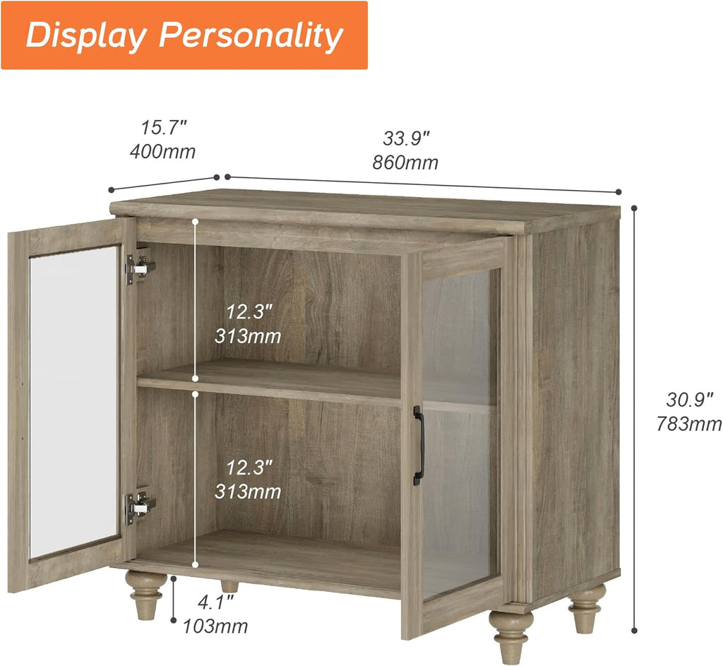 WAMPAT Farmhouse End Table with Ample Storage, Large Mid Century Modern Wood Bedside Table Night Stand, Wide Sofa Side End Table with Glass Doors, Cabinet for Living Room, Bedroom, Wash Grey