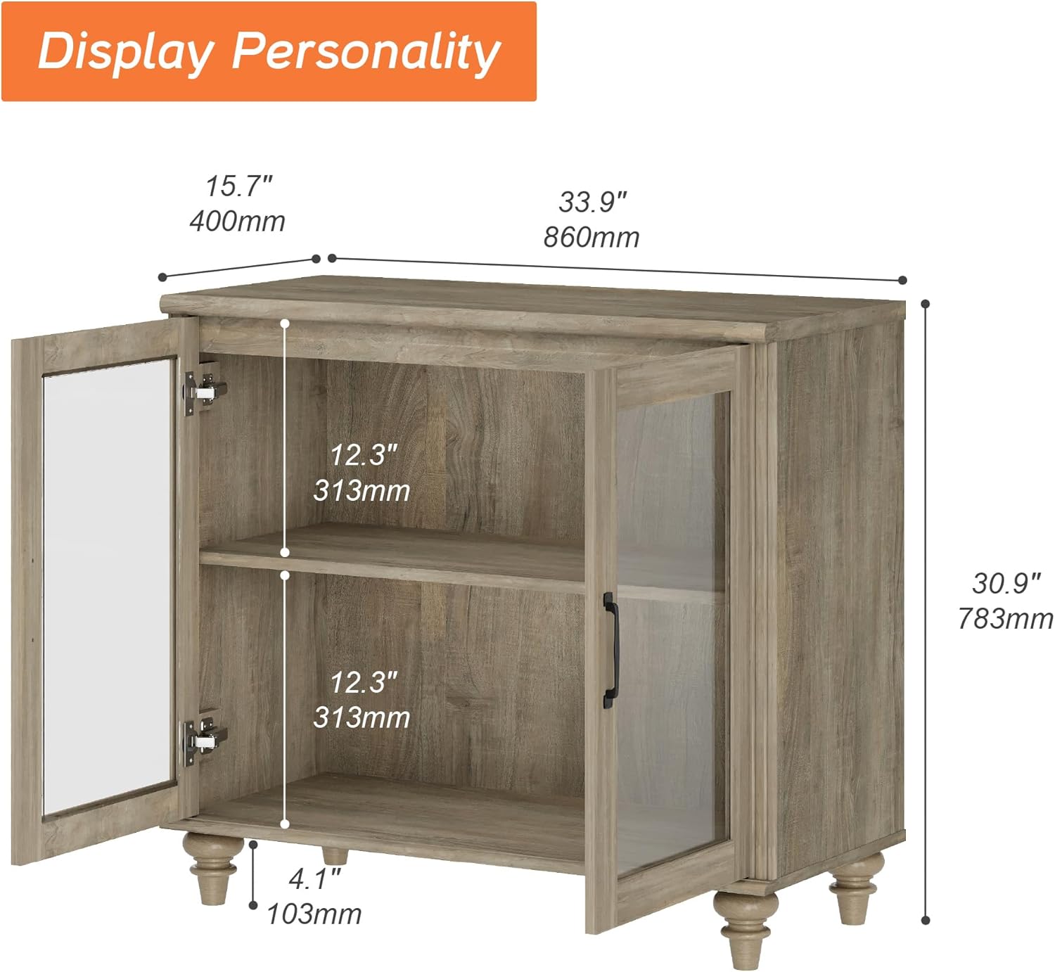 WAMPAT Farmhouse End Table with Ample Storage, Large Mid Century Modern Wood Bedside Table Night Stand, Wide Sofa Side End Table with Glass Doors, Cabinet for Living Room, Bedroom, Wash Grey