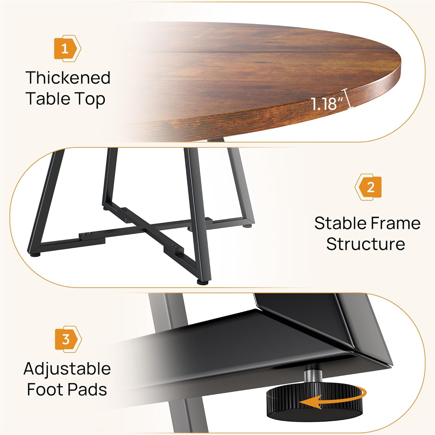 Alpen 42" Round Dining Table for 4-6, Farmhouse Kitchen Table with Storage Shelf, Wood Circle Table with Pedestal Metal Frame, Small Space Table for Apartment, Dining Room, Vintage Brown
