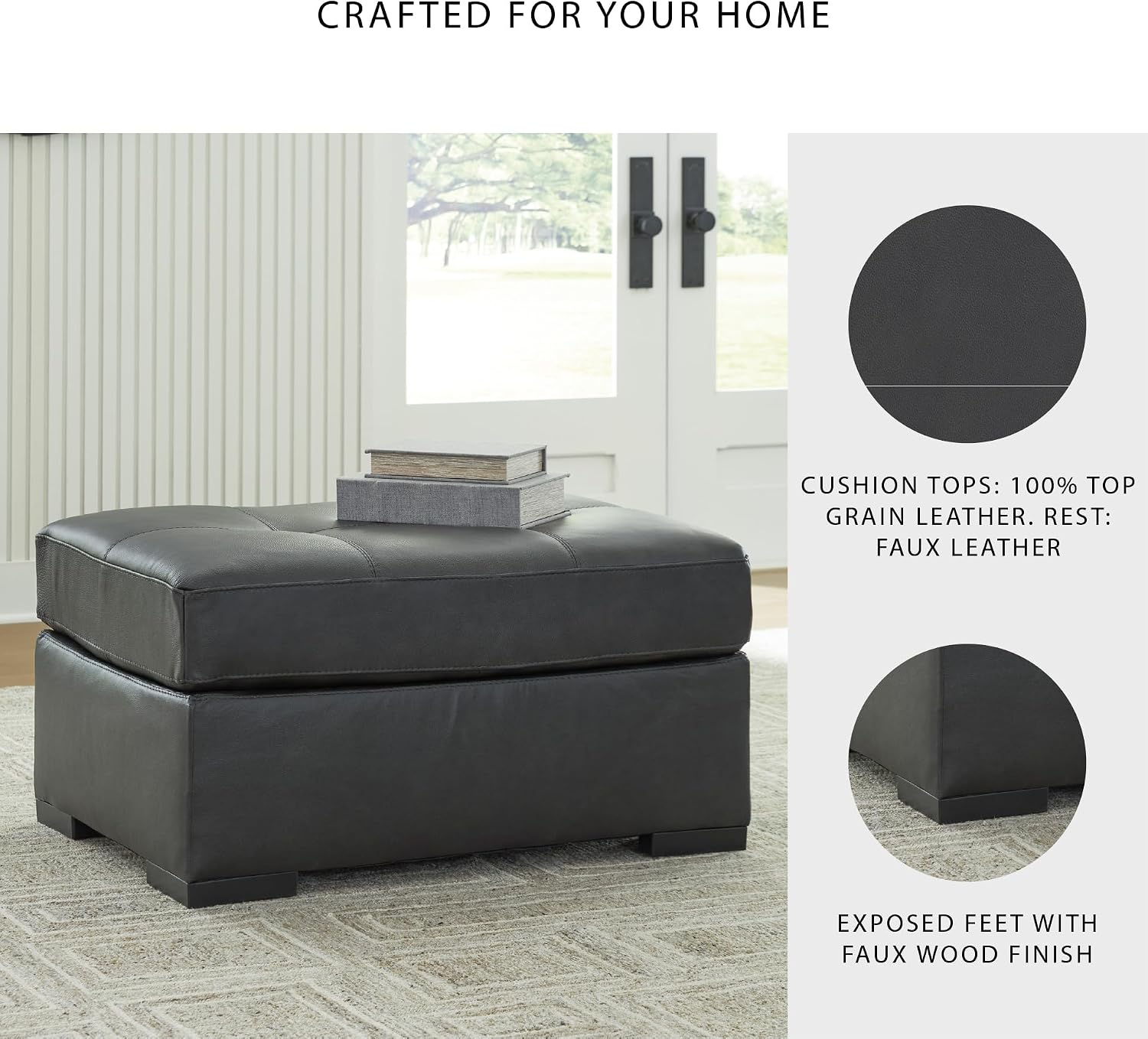 Signature Design by Ashley Brindley Pier Oversized Accent Ottoman, Fully Assembled Rectangular Tufted Footrest, Black Leather and Faux Leather Upholstery, Contemporary Living Room Seating, Fog