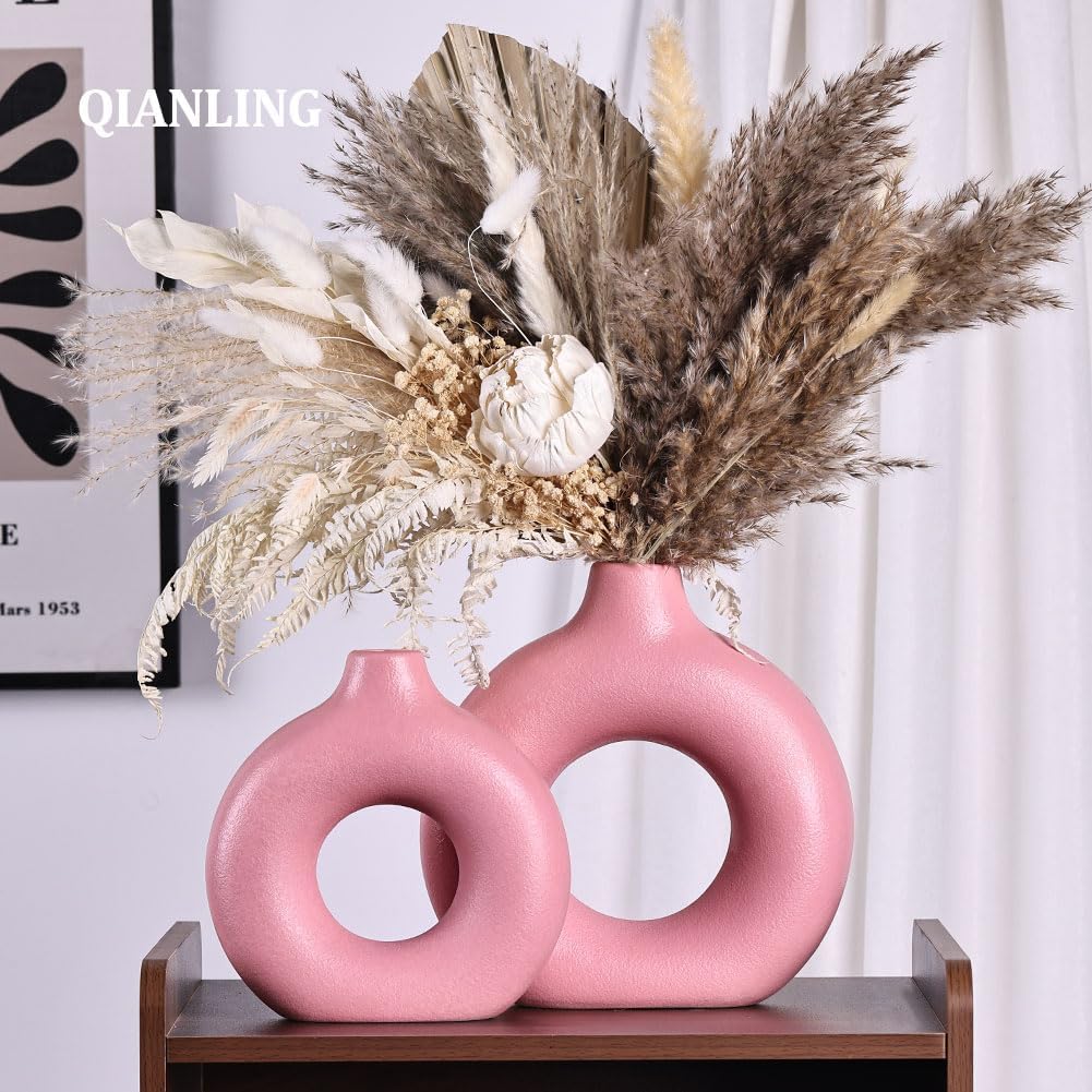 Pink Ceramic Vase Set of 2-2 Round Donut Vase, Modern Pink Vases for Centerpieces, Flower Vase for Decor, Apply to Living Room, Kitchen, Mantle, Bedroom, Dining Table, Office, Farmhouse