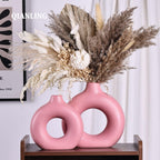 Pink Ceramic Vase Set of 2-2 Round Donut Vase, Modern Pink Vases for Centerpieces, Flower Vase for Decor, Apply to Living Room, Kitchen, Mantle, Bedroom, Dining Table, Office, Farmhouse