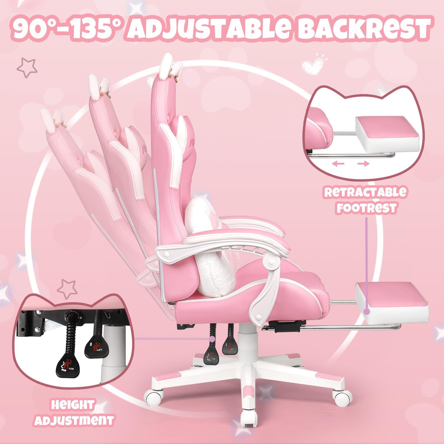 Pink Gaming Chair with Cat Ears & Footrest, Ergonomic Gaming Computer Desk Chair with Cat Paw Lumbar Support & Linked Armrests - Cute PU Leather Game Chair for Girls Adults